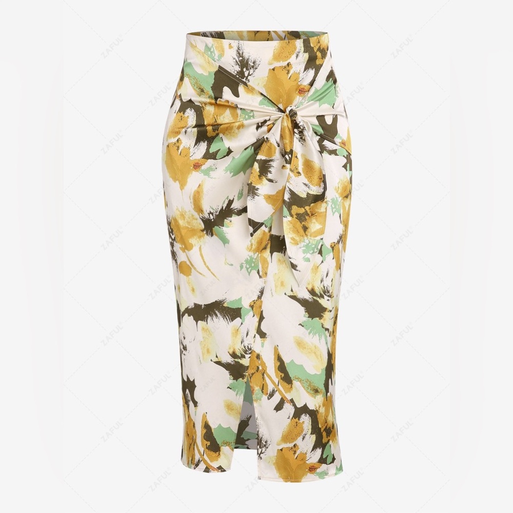 ZAFUL
Tie Front Overlap Slit Abstract Print Midi Skirt - Light Yellow L